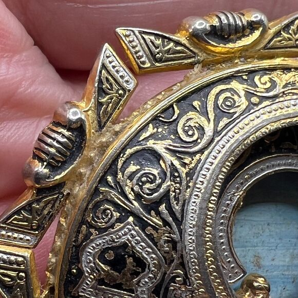 Vintage Damascene Tibetan Buddha Scene Brooch Pendant Enamel Costume Jewelry - Picture 4 of 8